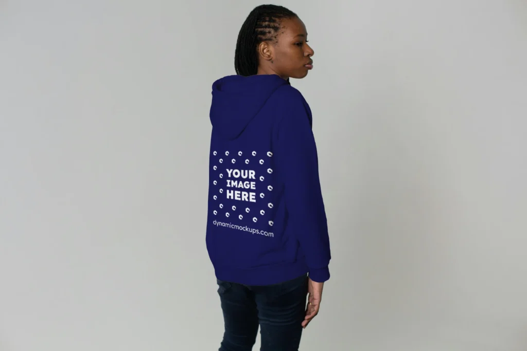 Woman Wearing Navy Blue Hoodie Mockup Back View Template