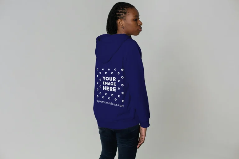 Woman Wearing Navy Blue Hoodie Mockup Back View Template