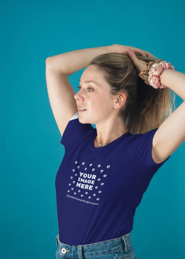 Woman Wearing Navy Blue T-shirt Mockup Front View Template