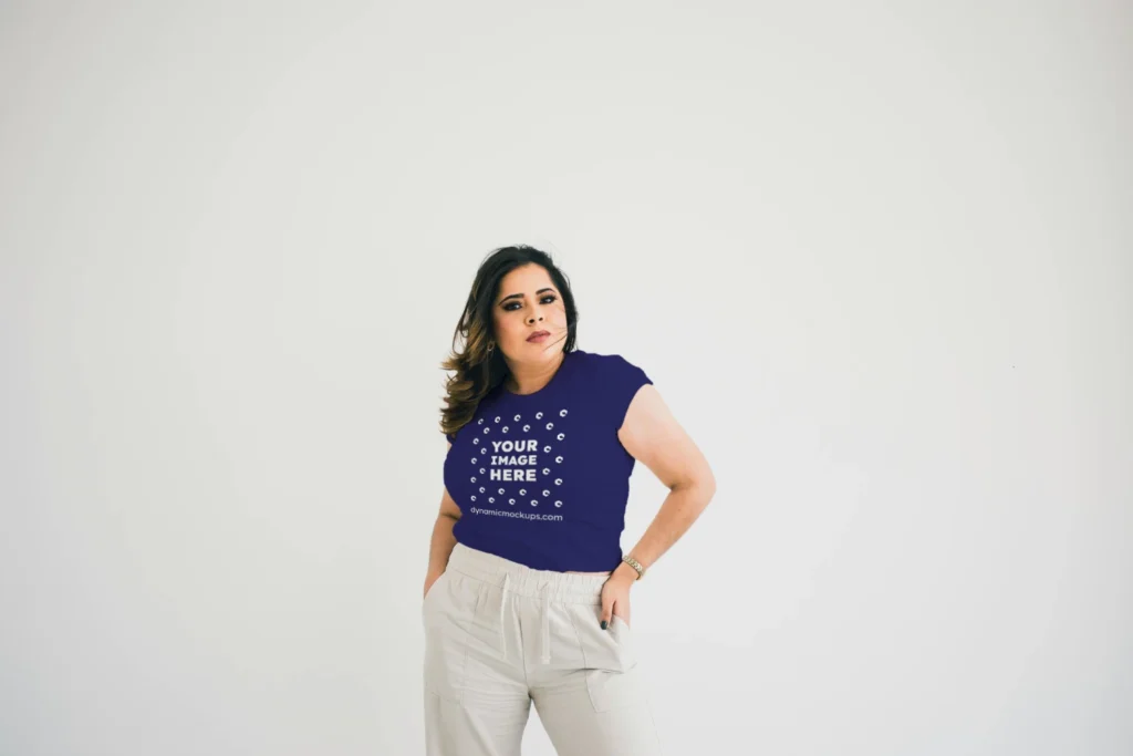 Woman Wearing Navy Blue T-shirt Mockup Front View Template