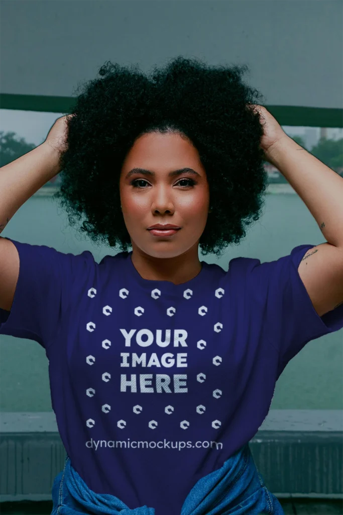 Woman Wearing Navy Blue T-shirt Mockup Front View Template