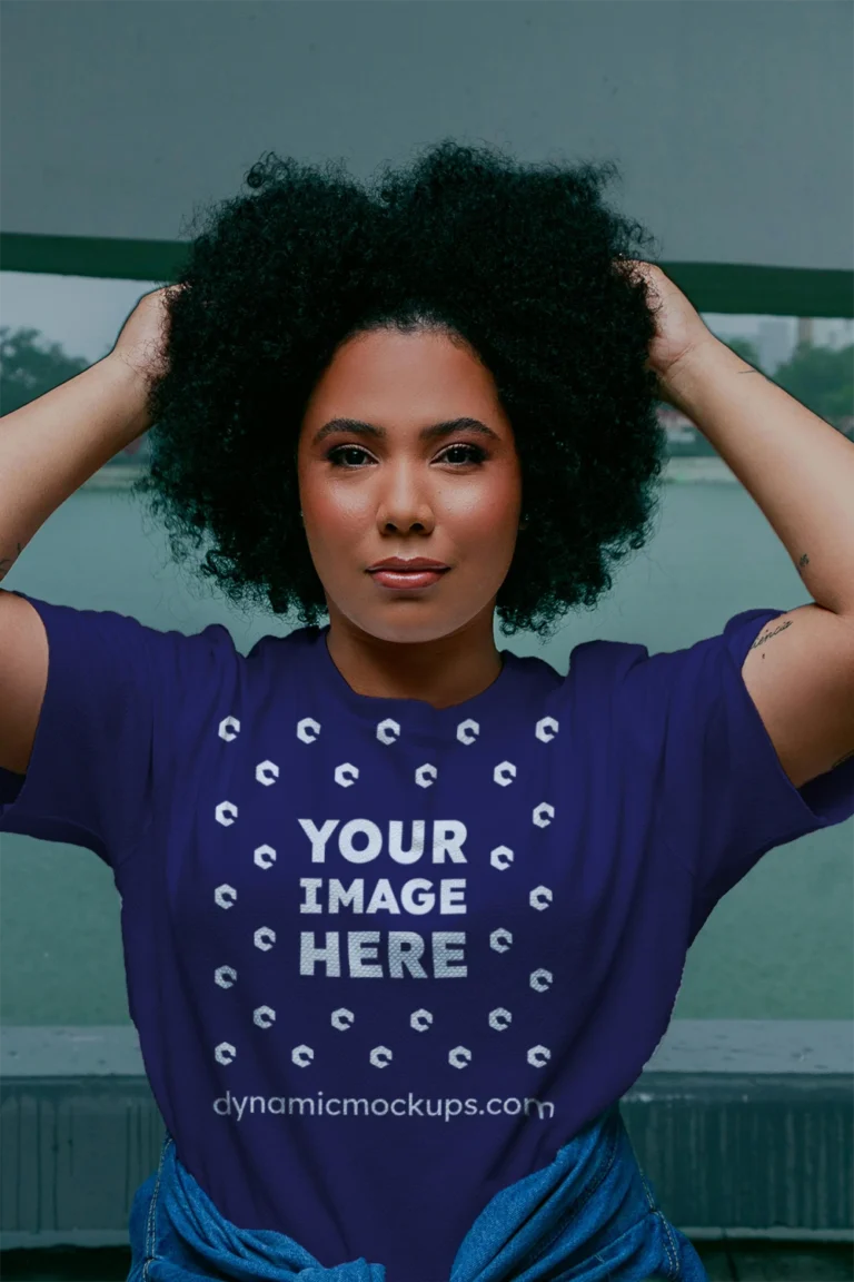 Woman Wearing Navy Blue T-shirt Mockup Front View Template