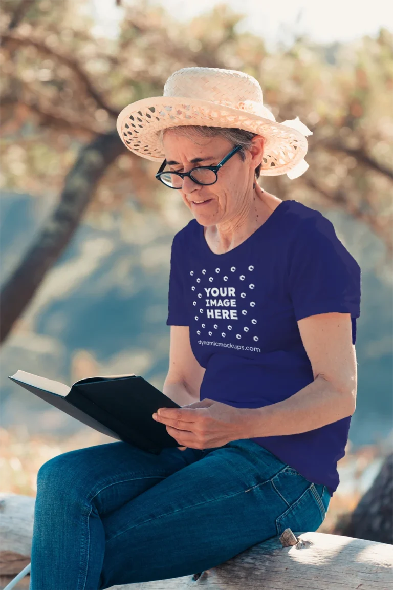 Woman Wearing Navy Blue T-shirt Mockup Front View Template