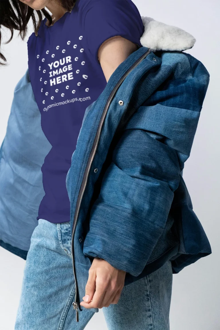 Woman Wearing Navy Blue T-shirt Mockup Front View Template