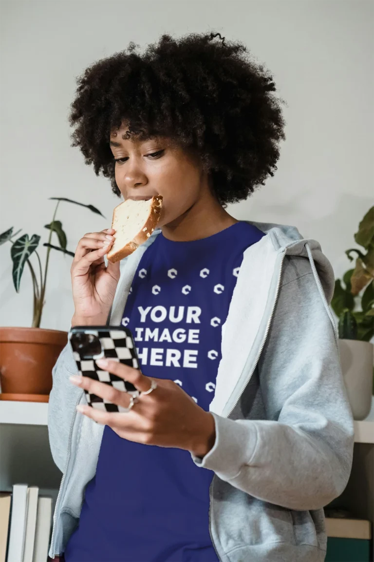 Woman Wearing Navy Blue T-shirt Mockup Front View Template