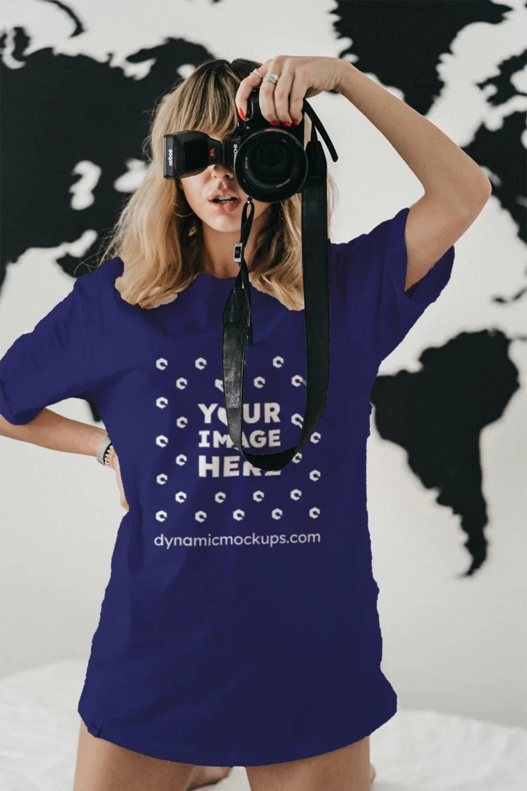 Woman Wearing Navy Blue T-shirt Mockup Front View Template