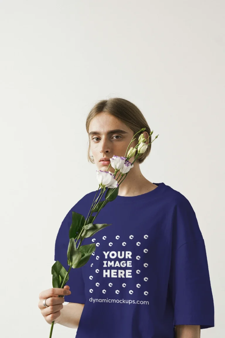 Woman Wearing Navy Blue T-shirt Mockup Front View Template