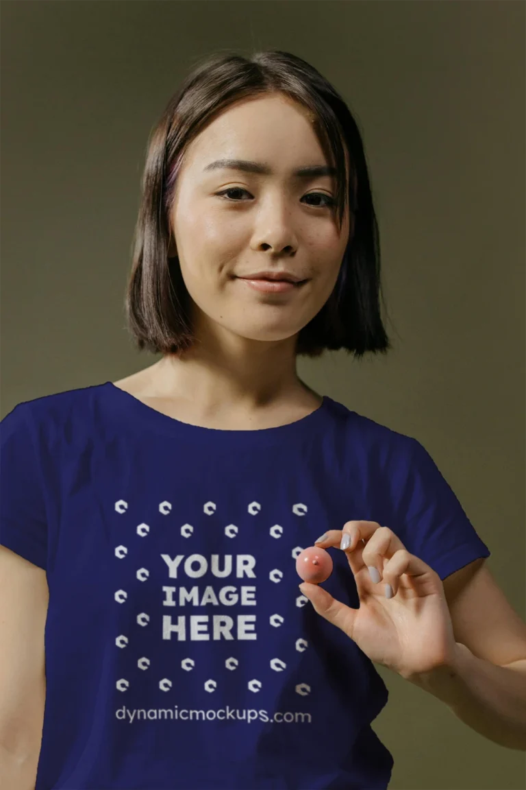 Woman Wearing Navy Blue T-shirt Mockup Front View Template