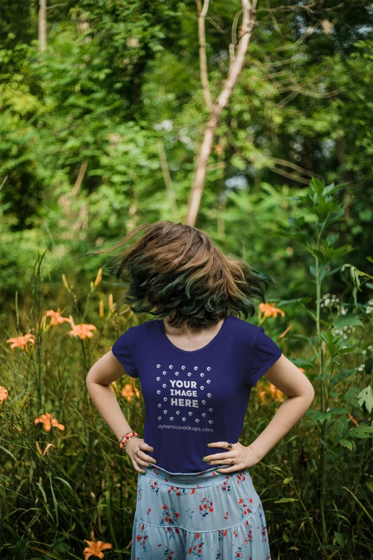 Woman Wearing Navy Blue T-shirt Mockup Front View Template