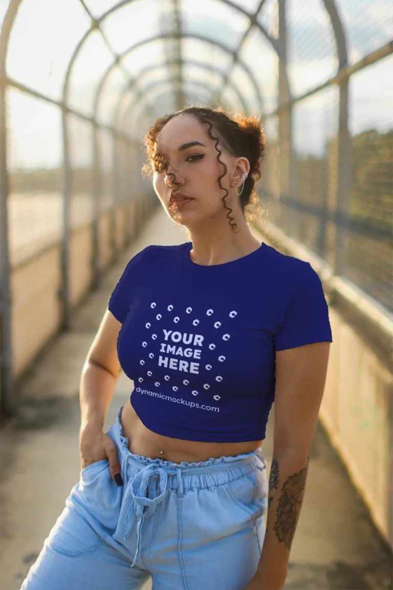 Woman Wearing Navy Blue T-shirt Mockup Front View Template