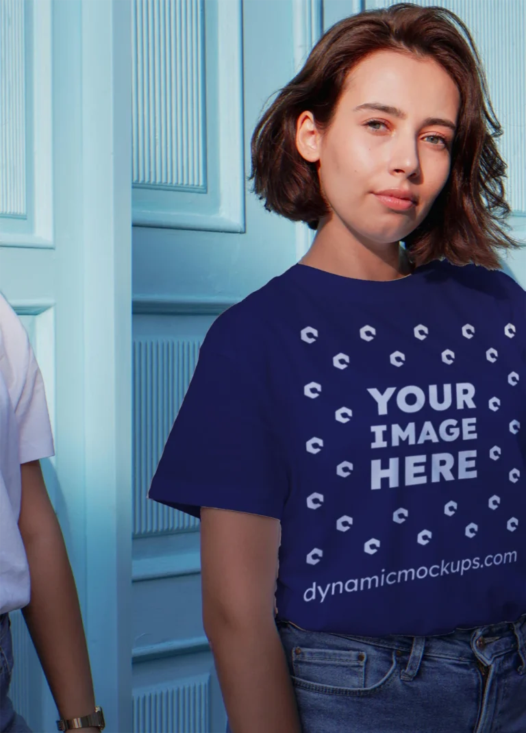 Woman Wearing Navy Blue T-shirt Mockup Front View Template