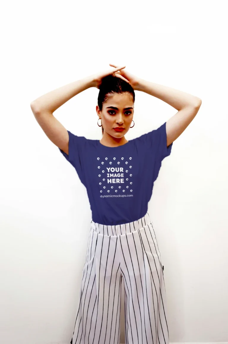 Woman Wearing Navy Blue T-shirt Mockup Front View Template