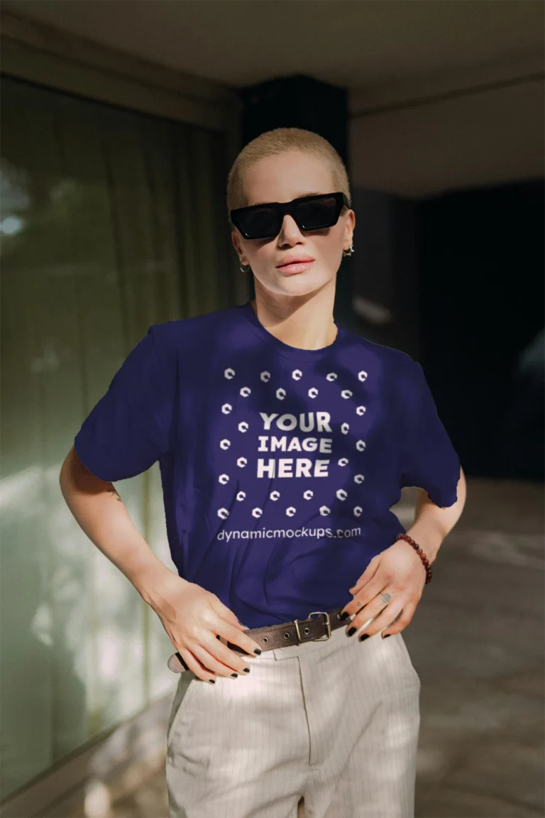 Woman Wearing Navy Blue T-shirt Mockup Front View Template