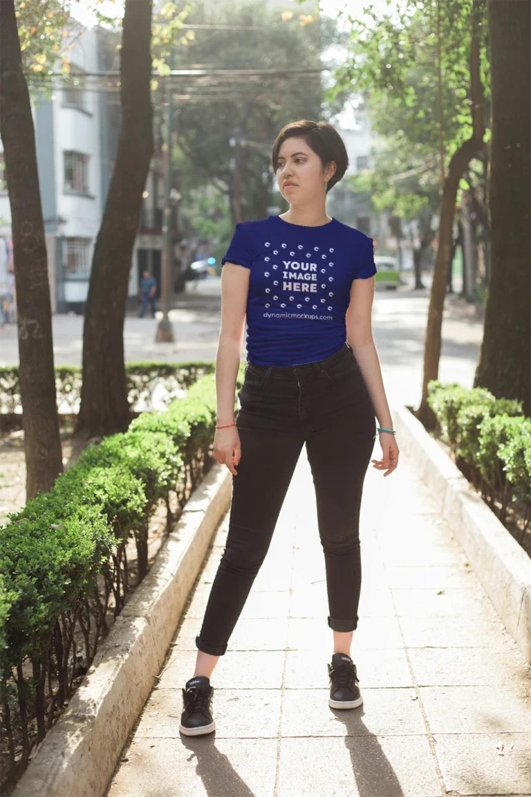 Woman Wearing Navy Blue T-shirt Mockup Front View Template