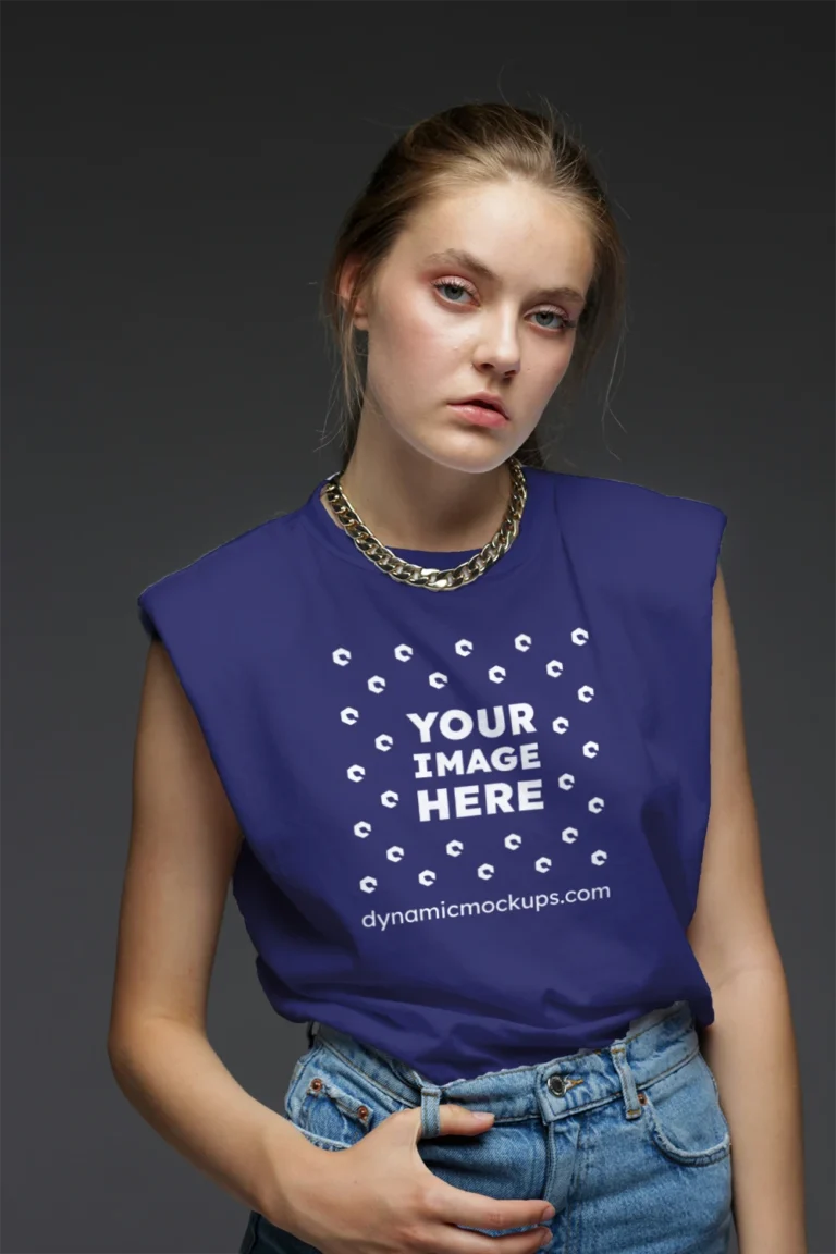 Woman Wearing Navy Blue T-shirt Mockup Front View Template