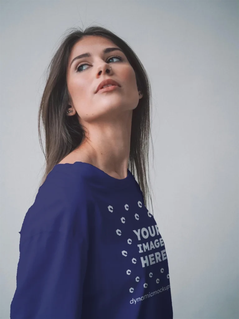 Woman Wearing Navy Blue T-shirt Mockup Front View Template