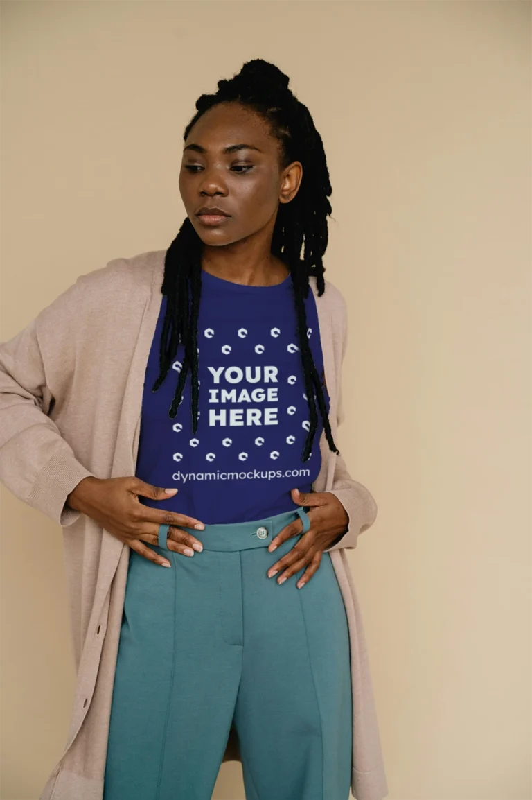 Woman Wearing Navy Blue T-shirt Mockup Front View Template