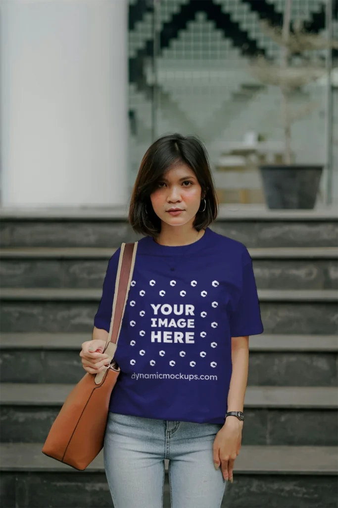 Woman Wearing Navy Blue T-shirt Mockup Front View Template