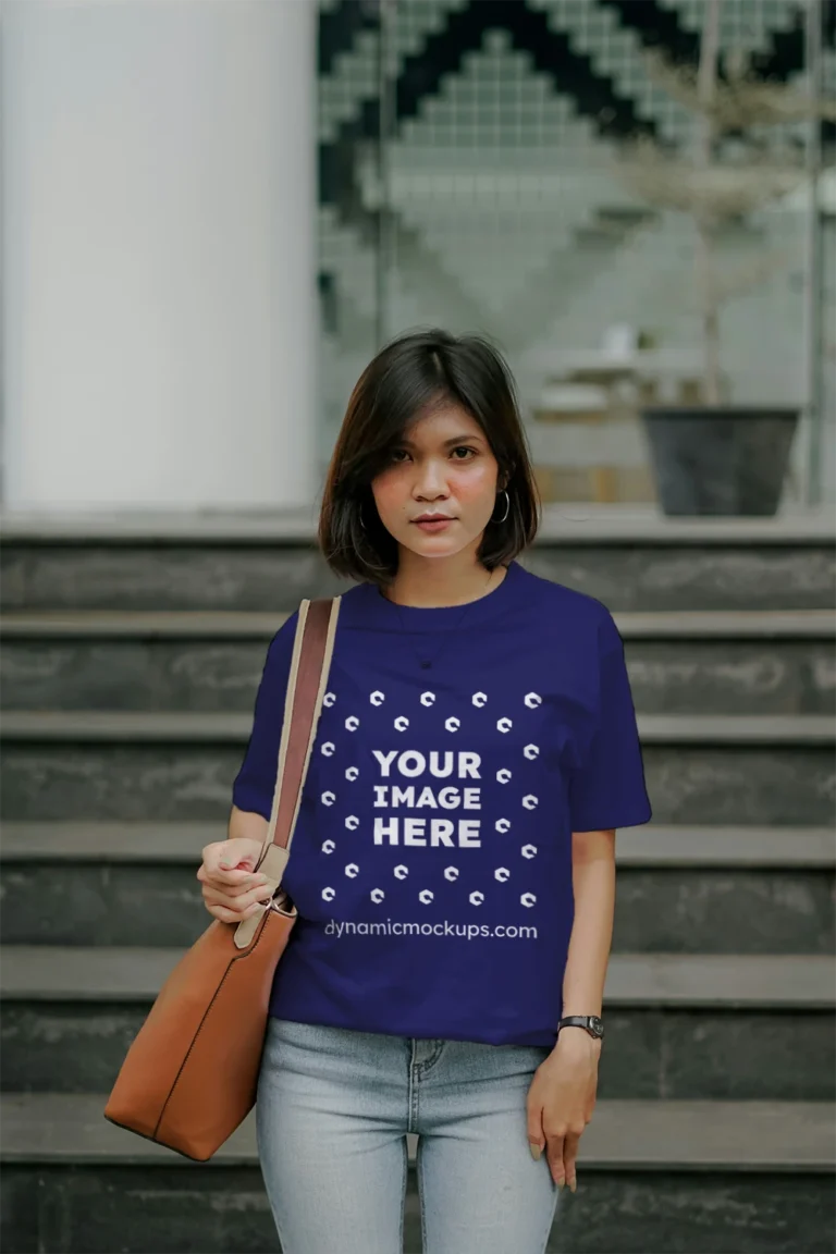 Woman Wearing Navy Blue T-shirt Mockup Front View Template