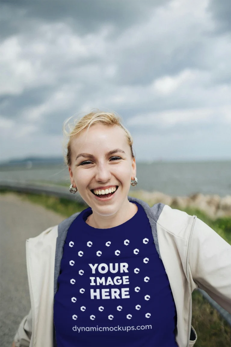 Woman Wearing Navy Blue T-shirt Mockup Front View Template