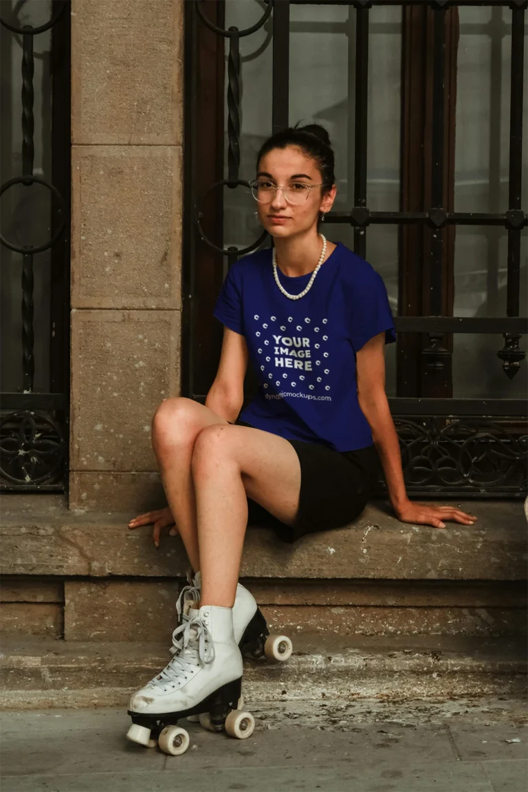 Woman Wearing Navy Blue T-shirt Mockup Front View Template