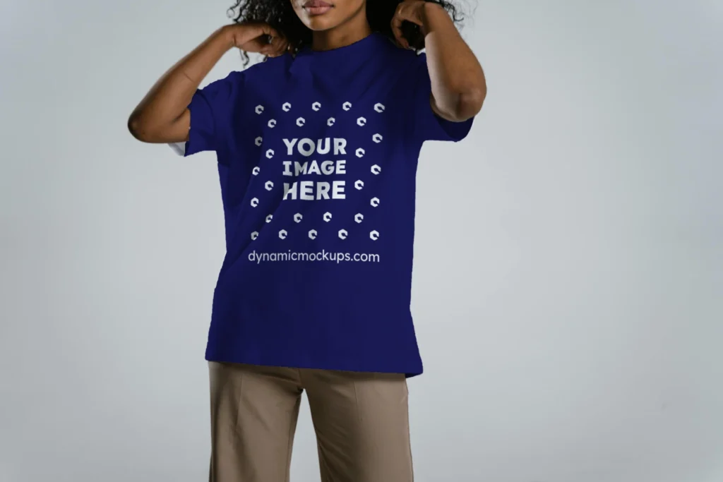 Woman Wearing Navy Blue T-shirt Mockup Front View Template