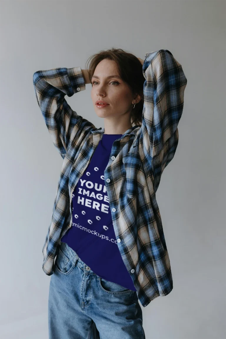 Woman Wearing Navy Blue T-shirt Mockup Front View Template