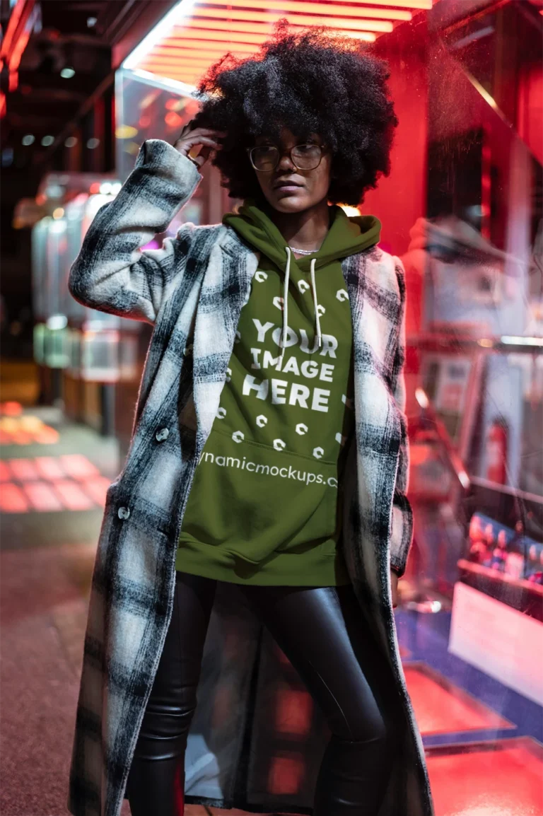 Woman Wearing Olive Green Hoodie Mockup Front View Template