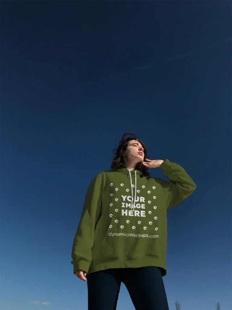 Woman Wearing Olive Green Hoodie Mockup Front View Template