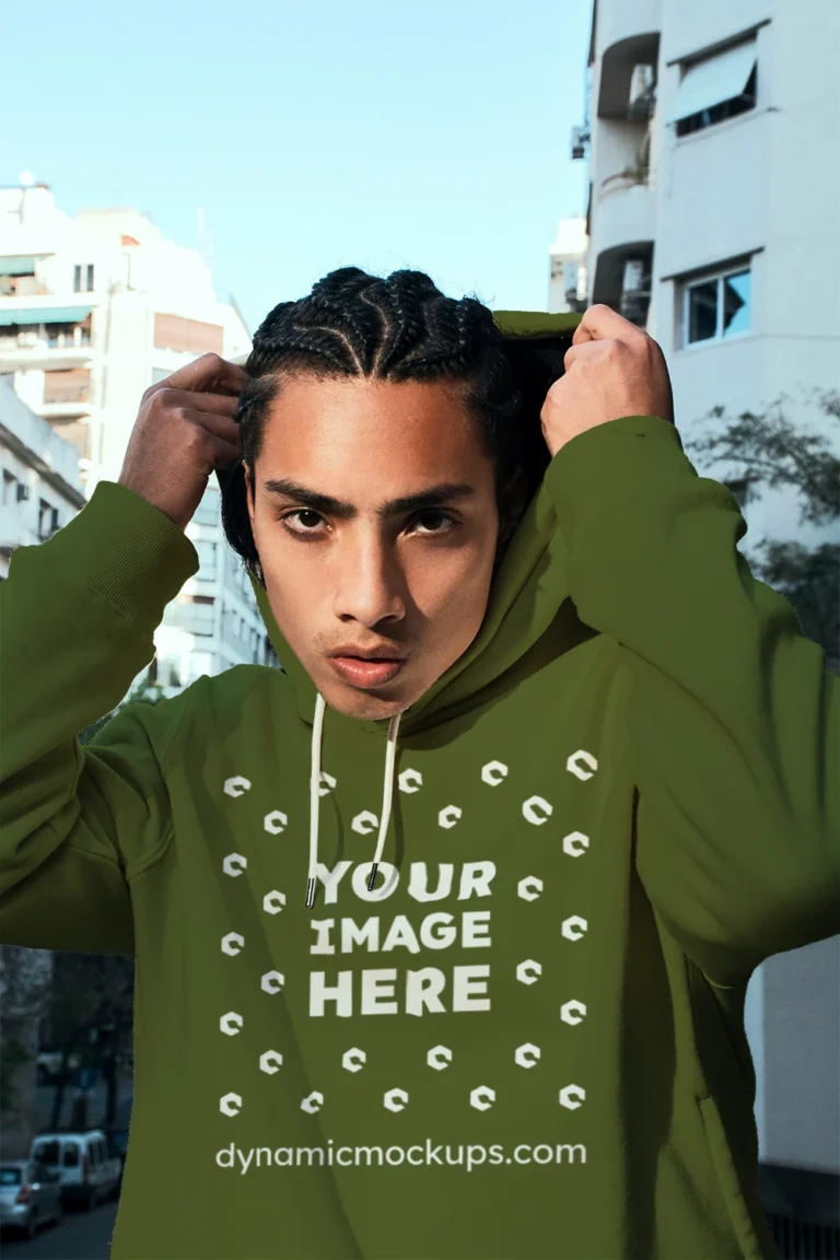 Woman Wearing Olive Green Hoodie Mockup Front View Template