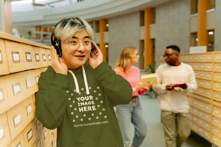 Woman Wearing Olive Green Hoodie Mockup Front View Template