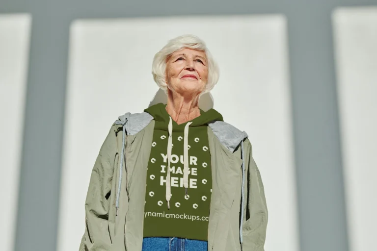 Woman Wearing Olive Green Hoodie Mockup Front View Template