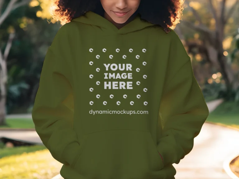 Woman Wearing Olive Green Hoodie Mockup Front View Template