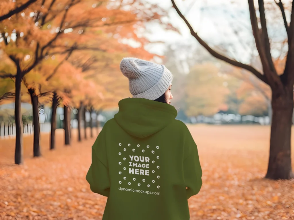 Woman Wearing Olive Green Hoodie Mockup Back View Template