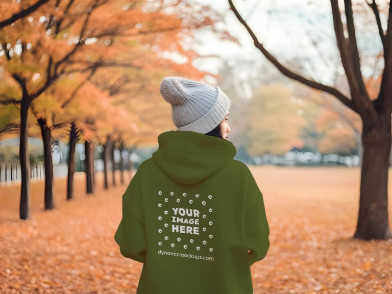 Woman Wearing Olive Green Hoodie Mockup Back View Template