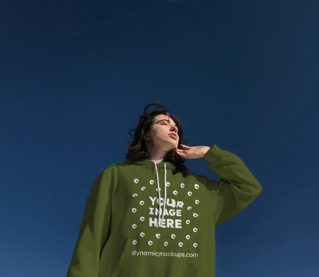 Woman Wearing Olive Green Hoodie Mockup Front View Template