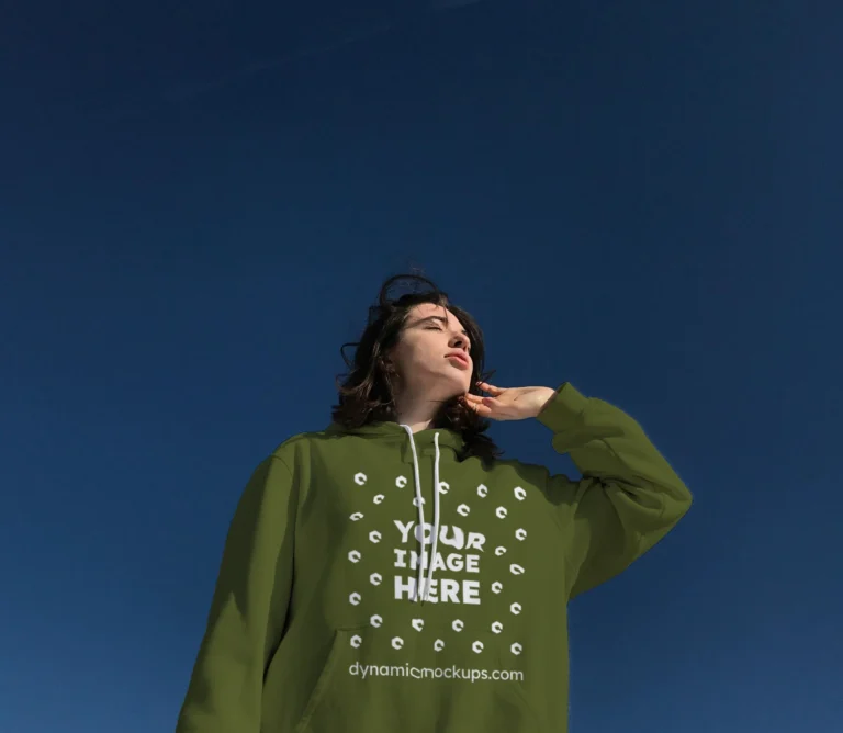 Woman Wearing Olive Green Hoodie Mockup Front View Template