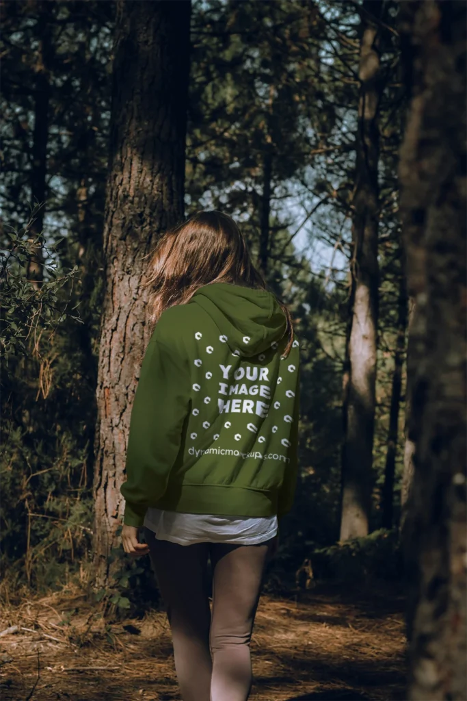Woman Wearing Olive Green Hoodie Mockup Back View Template