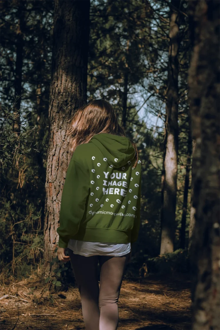 Woman Wearing Olive Green Hoodie Mockup Back View Template