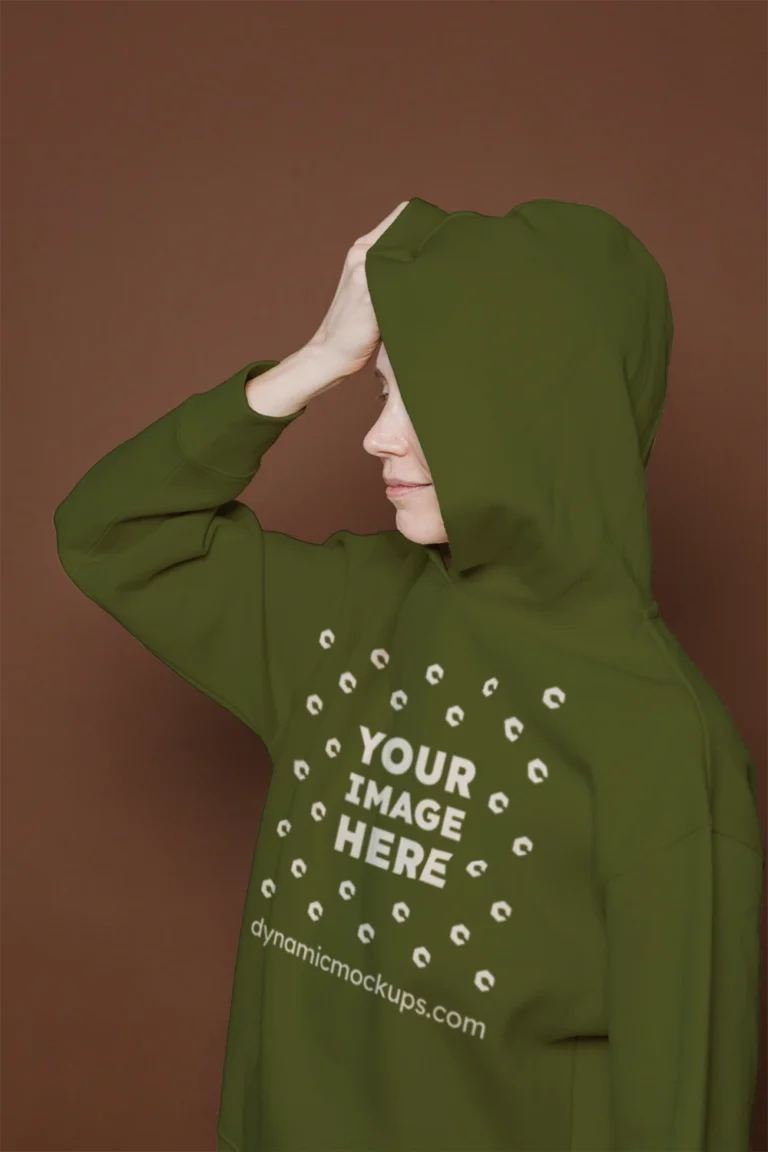 Woman Wearing Olive Green Hoodie Mockup Front View Template
