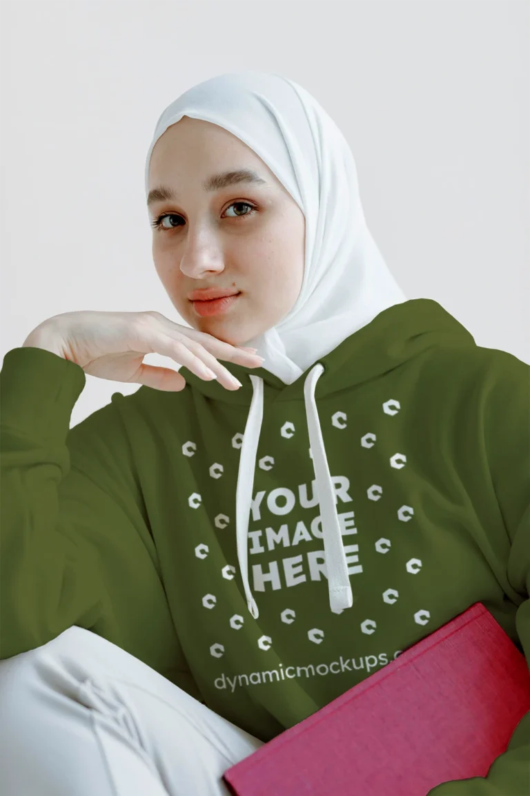Woman Wearing Olive Green Hoodie Mockup Front View Template