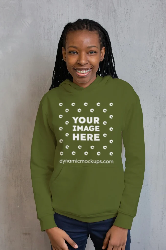 Woman Wearing Olive Green Hoodie Mockup Front View Template