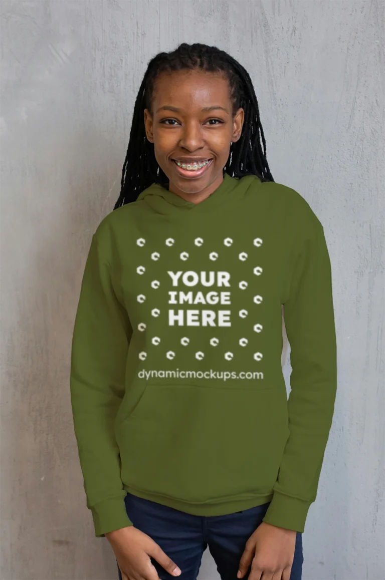 Woman Wearing Olive Green Hoodie Mockup Front View Template
