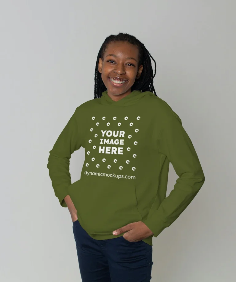 Woman Wearing Olive Green Hoodie Mockup Front View Template