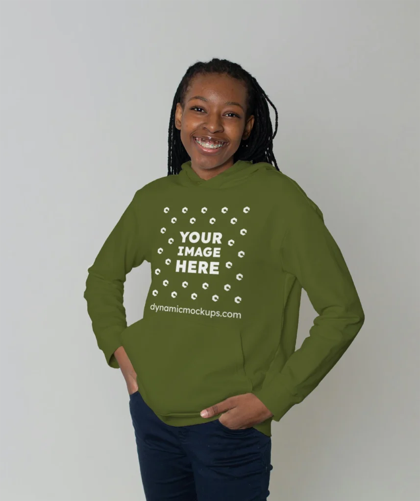 Woman Wearing Olive Green Hoodie Mockup Front View Template