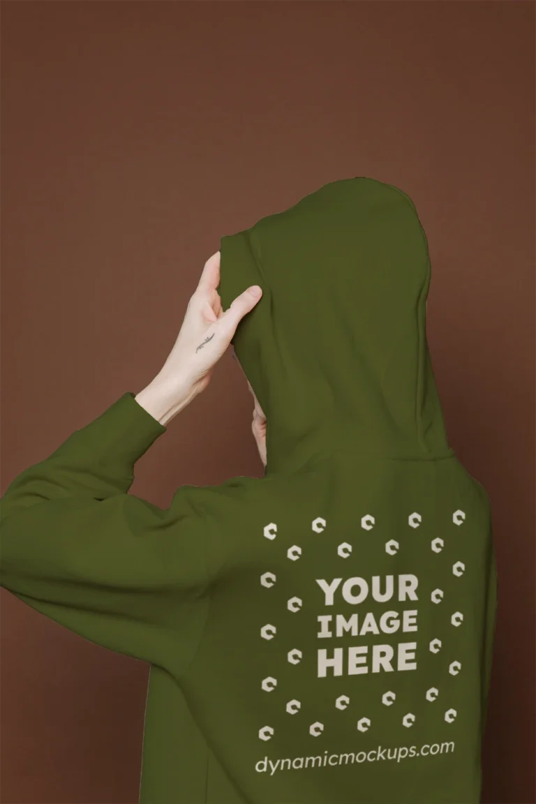 Woman Wearing Olive Green Hoodie Mockup Back View Template
