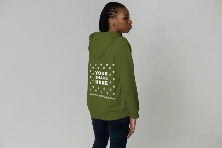 Woman Wearing Olive Green Hoodie Mockup Back View Template
