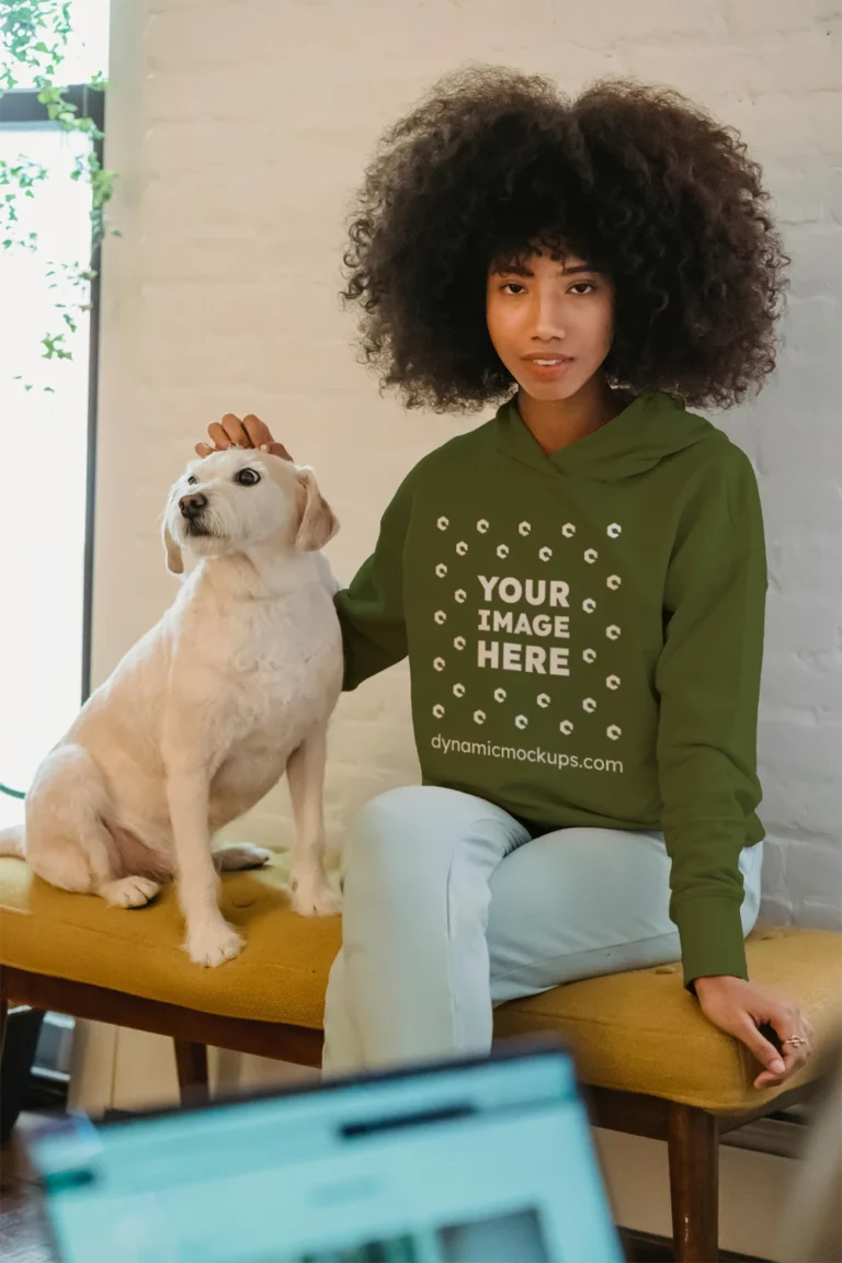 Woman Wearing Olive Green Hoodie Mockup Front View Template