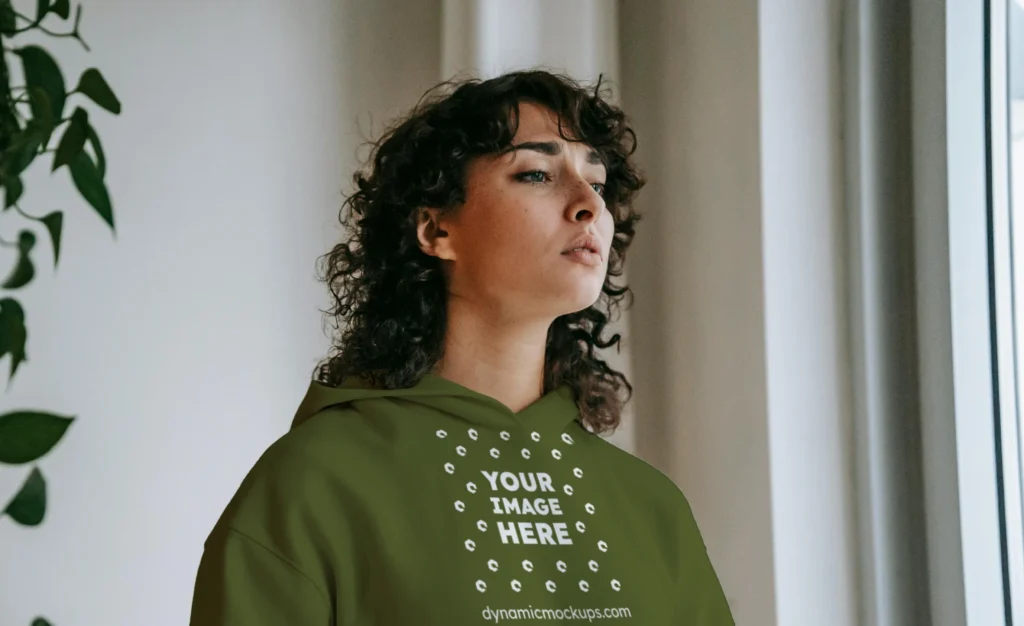 Woman Wearing Olive Green Hoodie Mockup Front View Template