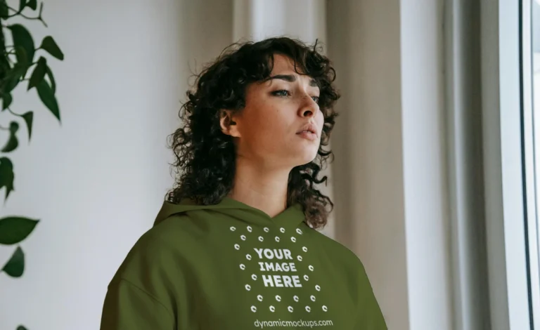 Woman Wearing Olive Green Hoodie Mockup Front View Template